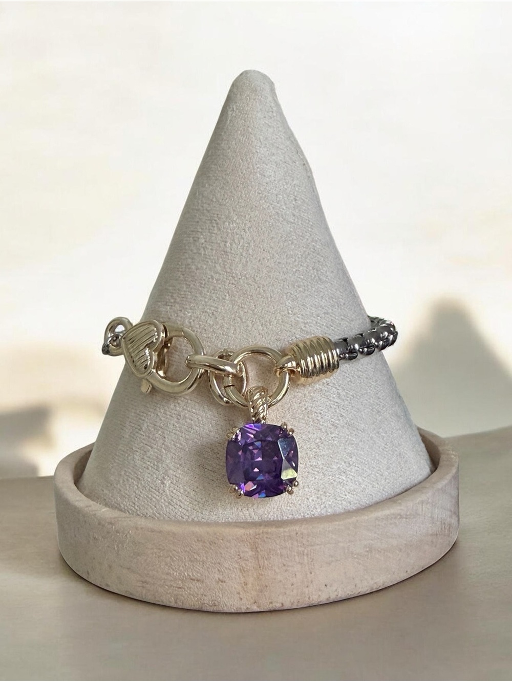 Rhodium plated Purple Gemstone Charm Bracelet